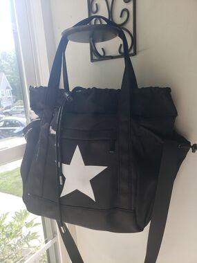NWOT Black Nylon Star Tote Crossbody Bag Drawstring Travel Gym Purse